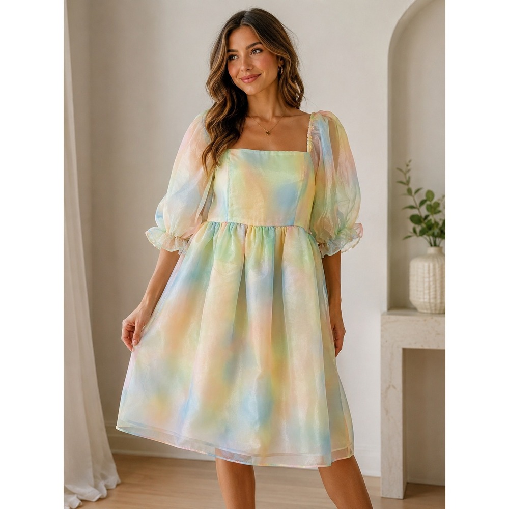 Endless Rose Pastel Rainbow Organza Puff‎ Sleeve Babydoll Mini Dress Size Large